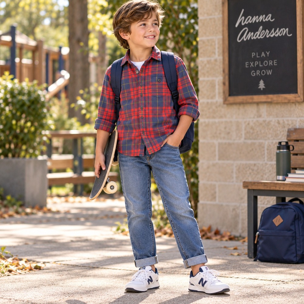 HANNA ANDERSON Kids Boys Button Down 4 Plaid Flannel Shirt Red Blue 100% Cotton